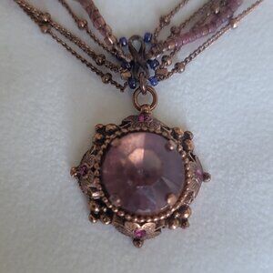 SATELLITE PARIS VINTAGE AMETHYST FACETED GLASS STONE PENDANT W/COPPER NECKLACE
